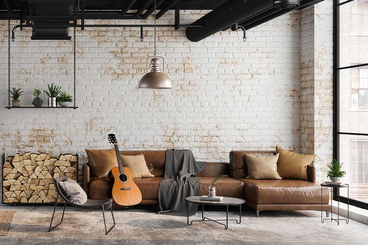 An old guitar leaning on a worn sofa in a modern loft